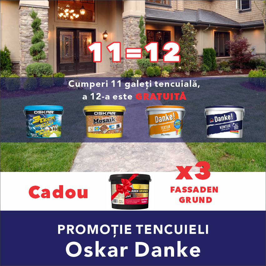 11=12. Cumpără acum 11 găleți de tencuială decorativă Oskar sau Danke și primește cadou a 12-a găleată.